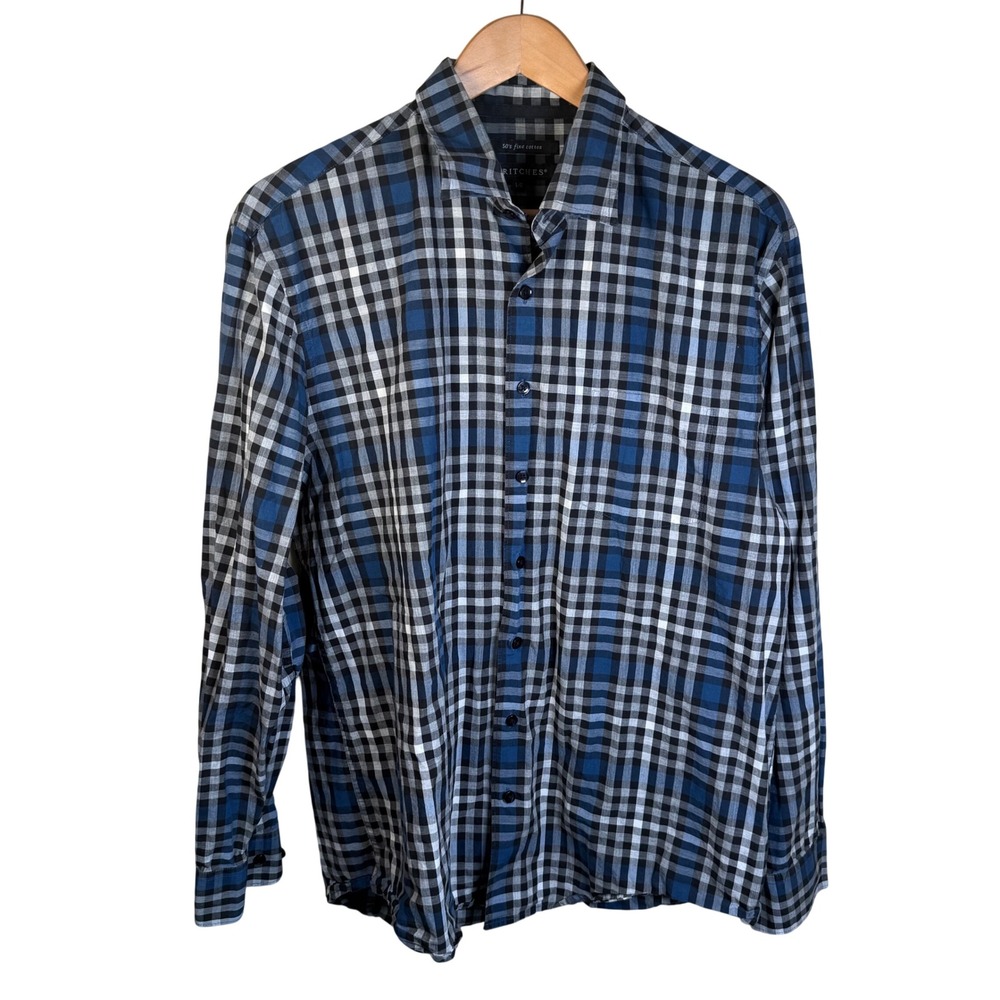 Britches Button Down Shirt Mens Large Blue Plaid Fine Cotton Office Business